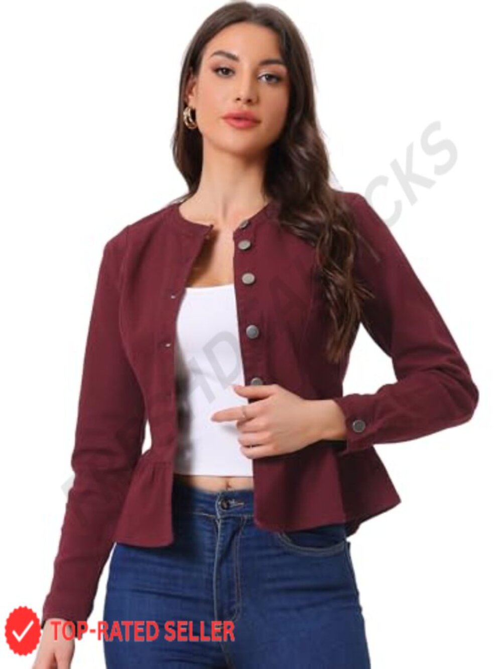 Women's Collarless Peplum Denim Jacket Ruffle Hem Puff Sleeve